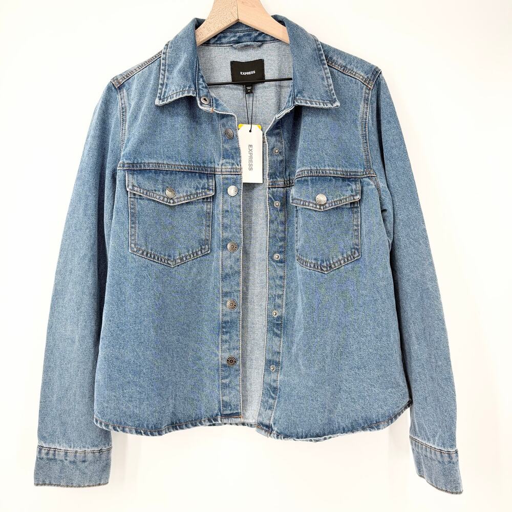NWT Express Denim Shacket Jacket Medium 100% Cotton Snap Front Blue Casual M